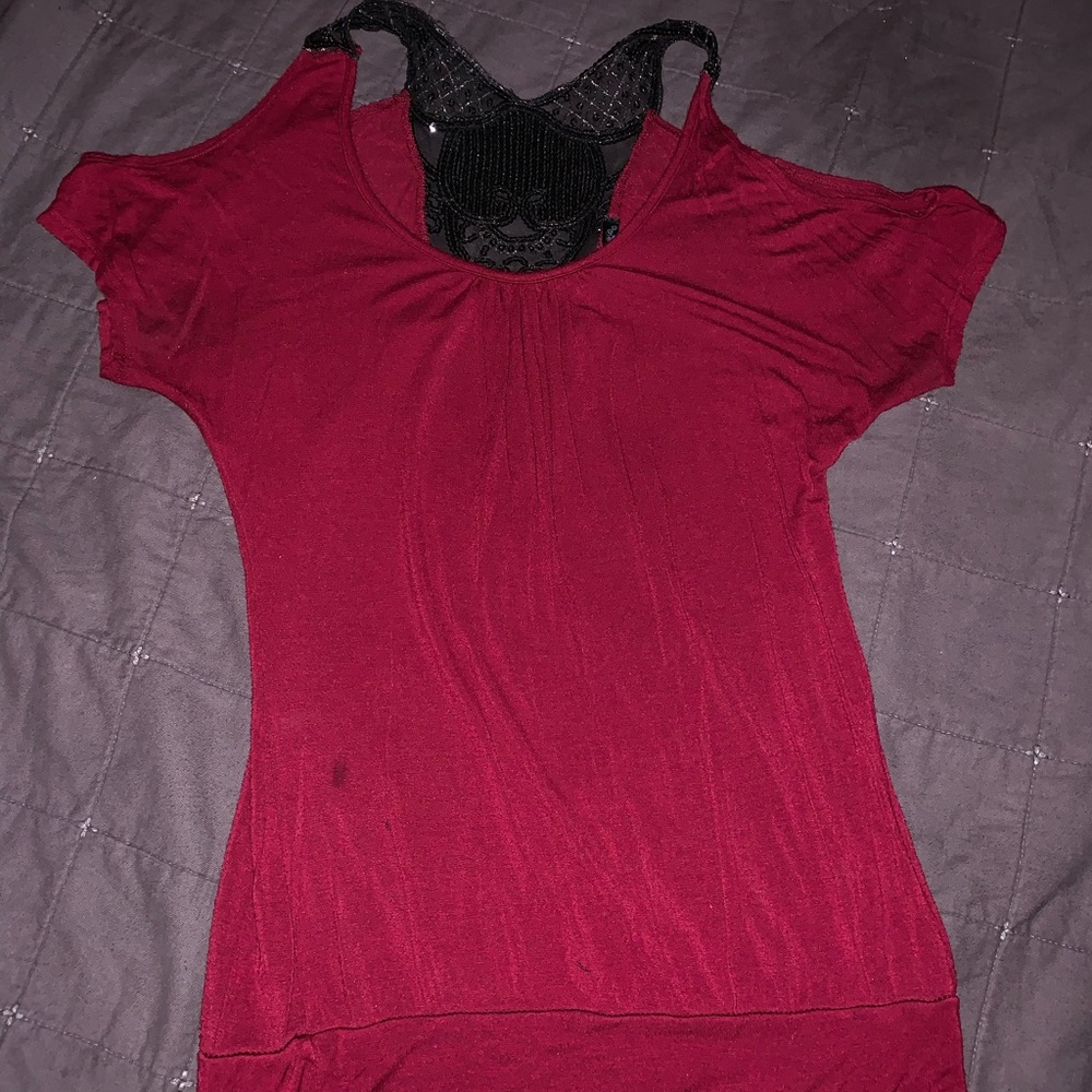 Maroon and Black Off-the-Shoulder Blouse